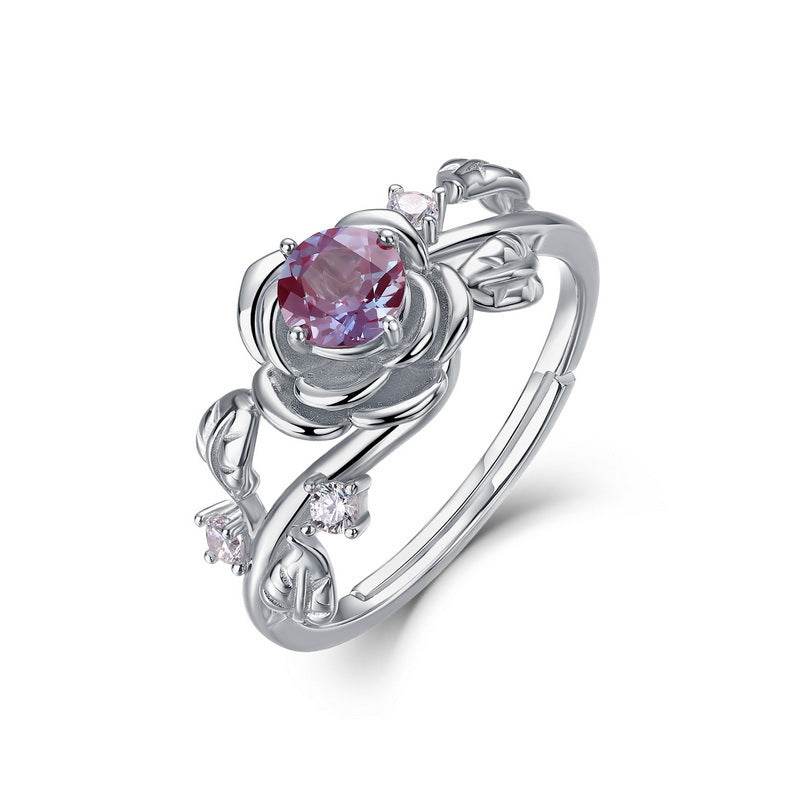 Artisan Alexandrite Rose Ring - Handcrafted 925 Sterling Silver with Color-Shifting Stone - MOWTE