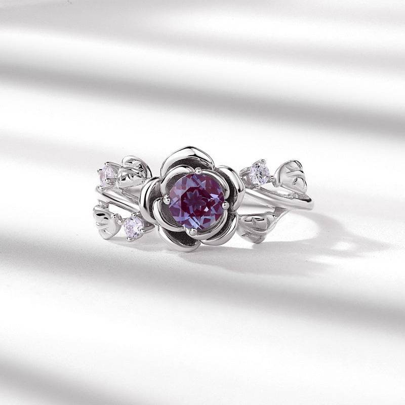 Artisan Alexandrite Rose Ring - Handcrafted 925 Sterling Silver with Color-Shifting Stone - MOWTE