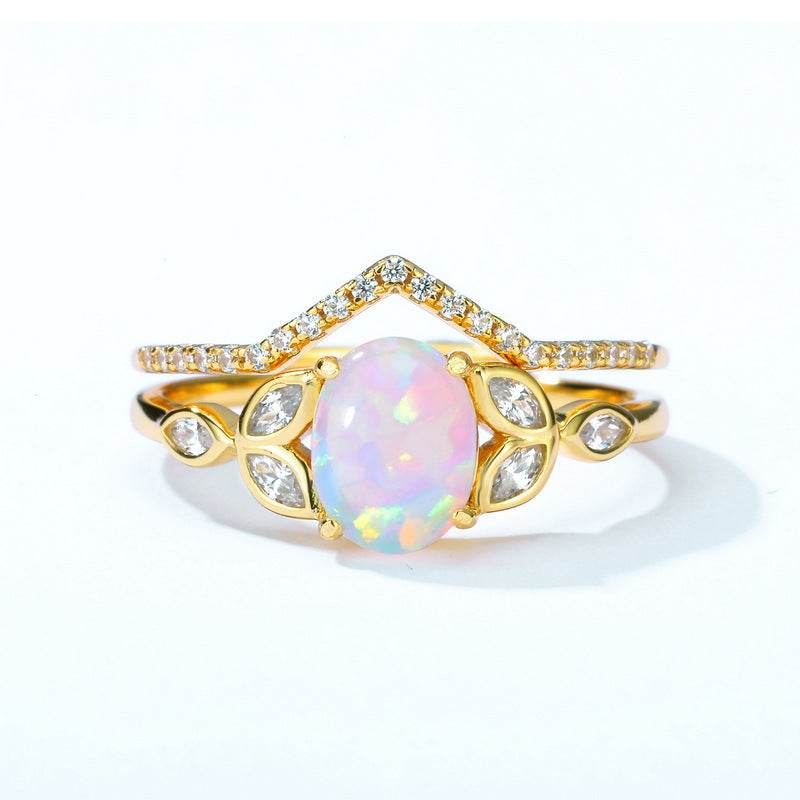 Modern Geometric Opal Band Gold Tone Sterling Silver Stackable Ring - MOWTE