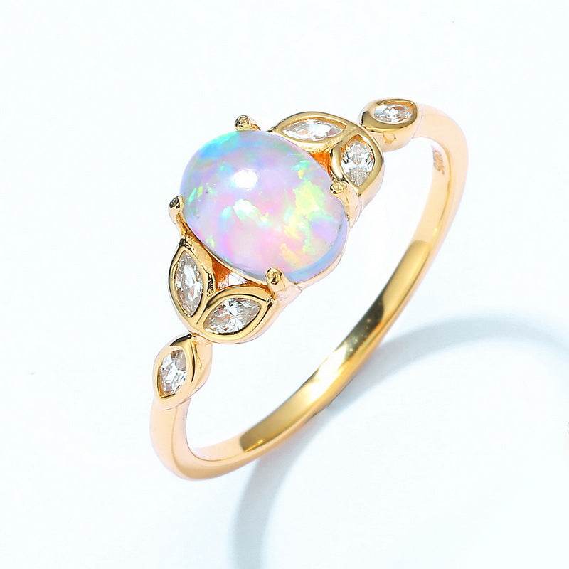 Modern Geometric Opal Band Gold Tone Sterling Silver Stackable Ring - MOWTE
