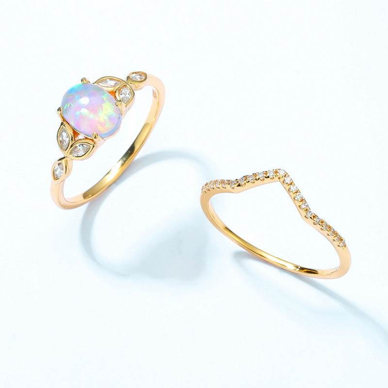 Modern Geometric Opal Band Gold Tone Sterling Silver Stackable Ring - MOWTE