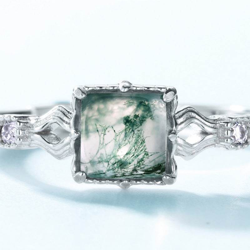 Light Luxury Moss Ring Versatile Fashion S925 Sterling Silver with Moss Agate - MOWTE