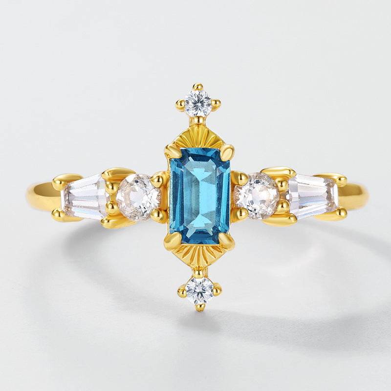 Luxury Vintage London Blue Topaz Ring in S925 Sterling Silver Gold-Plated Royal Court Style Jewelry - MOWTE