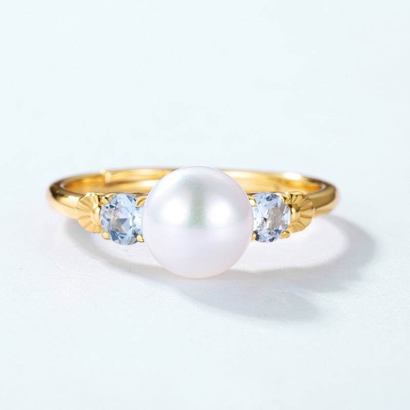 Minimalist Sky Blue Topaz Ring French Retro S925 Pure Silver Gold Plated Pearl band - MOWTE