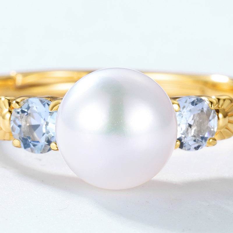 Minimalist Sky Blue Topaz Ring French Retro S925 Pure Silver Gold Plated Pearl band - MOWTE