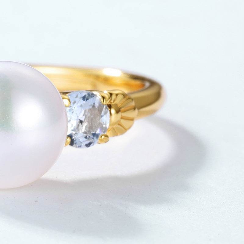Minimalist Sky Blue Topaz Ring French Retro S925 Pure Silver Gold Plated Pearl band - MOWTE