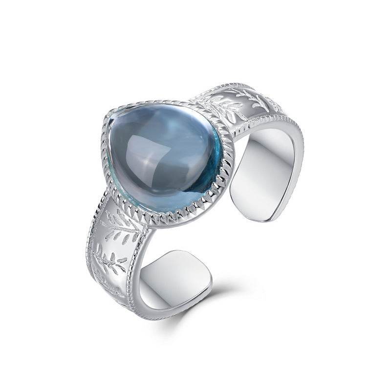 Water Drop Natural Sky Blue Topaz Ring S925 Pure Silver Band - MOWTE