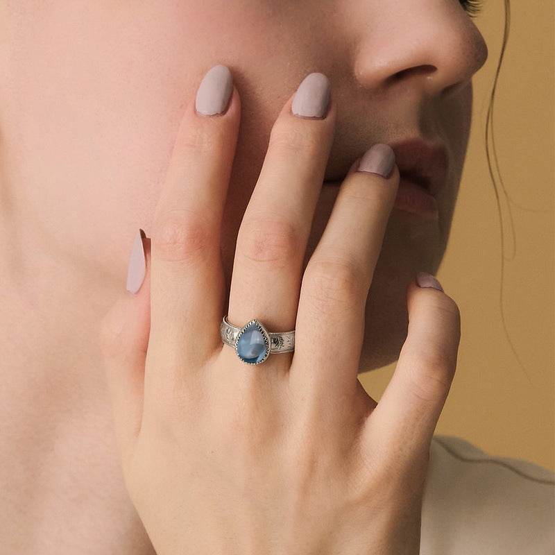 Water Drop Natural Sky Blue Topaz Ring S925 Pure Silver Band - MOWTE