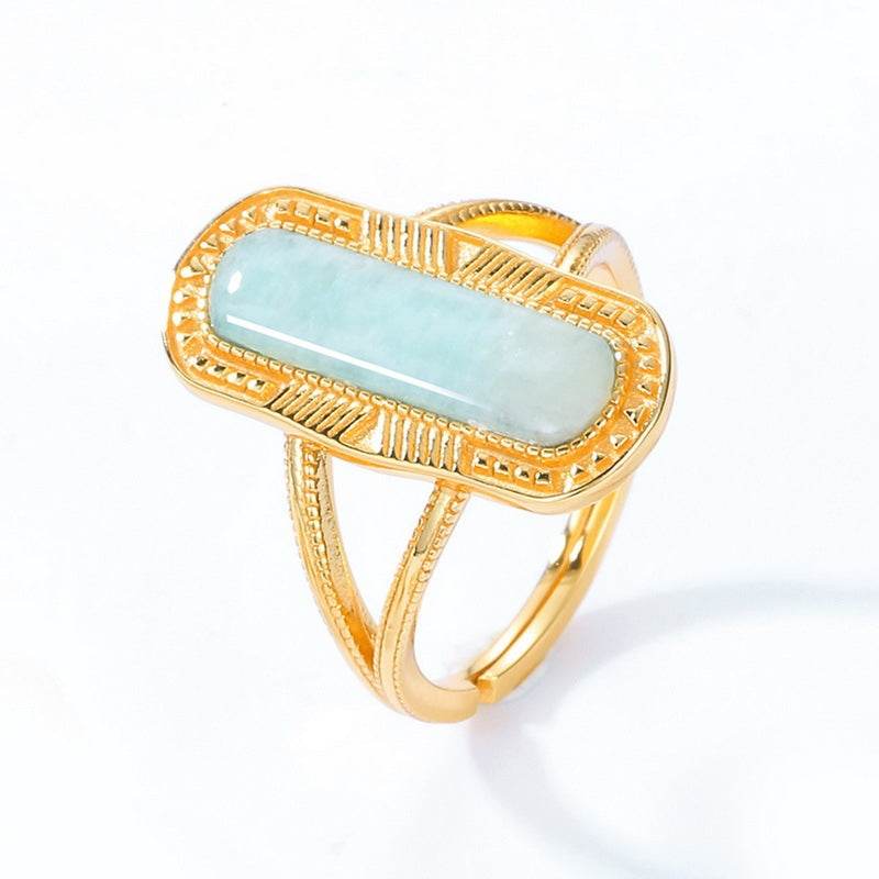 Geometric Amazonite Ring for Women Vintage Engraved S925 Sterling Silver Band - MOWTE