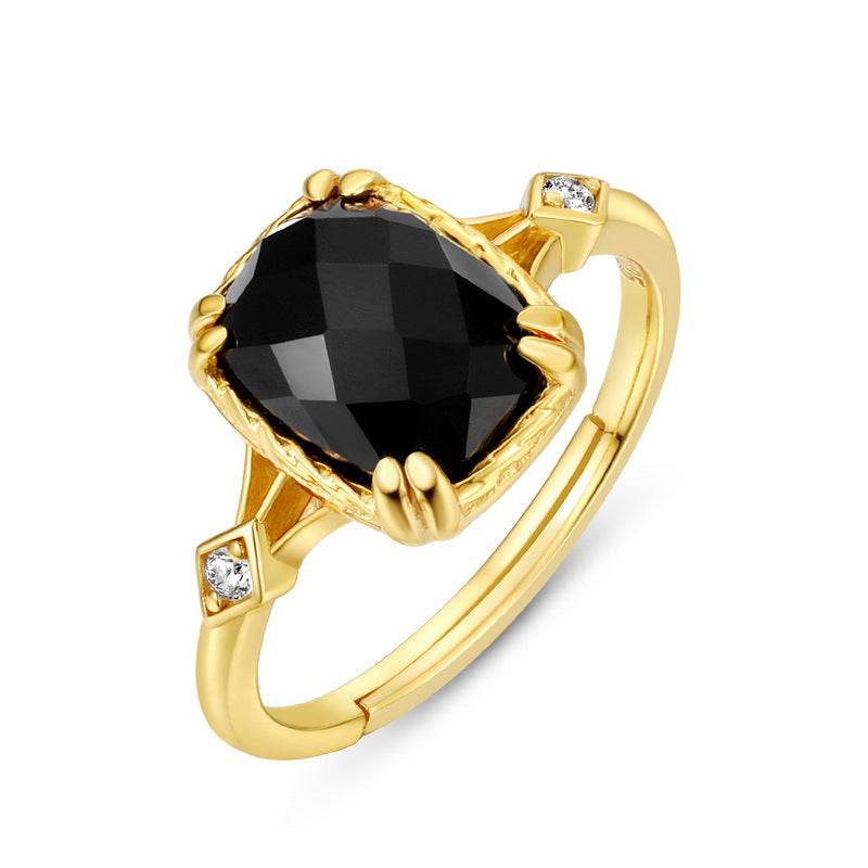Luxury Natural Onyx Sterling Silver Ring for Women S925 Silver 14K Gold Plated Vintage Adjustable Open Band - MOWTE