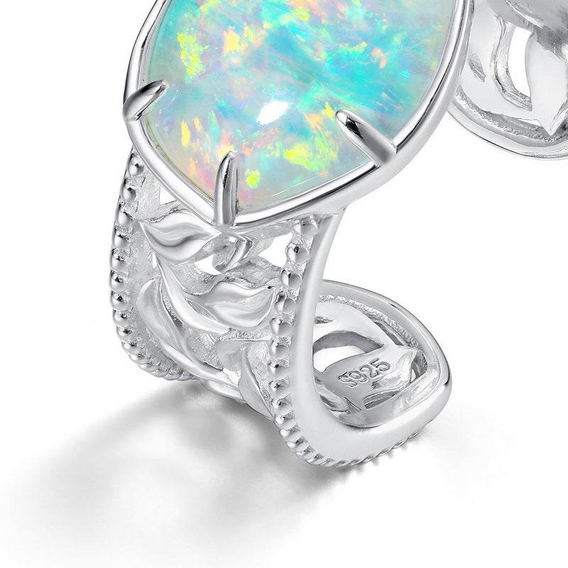 Minimalist Geometric Opal Ring – S925 Sterling Silver Adjustable Open Ring for Women - MOWTE