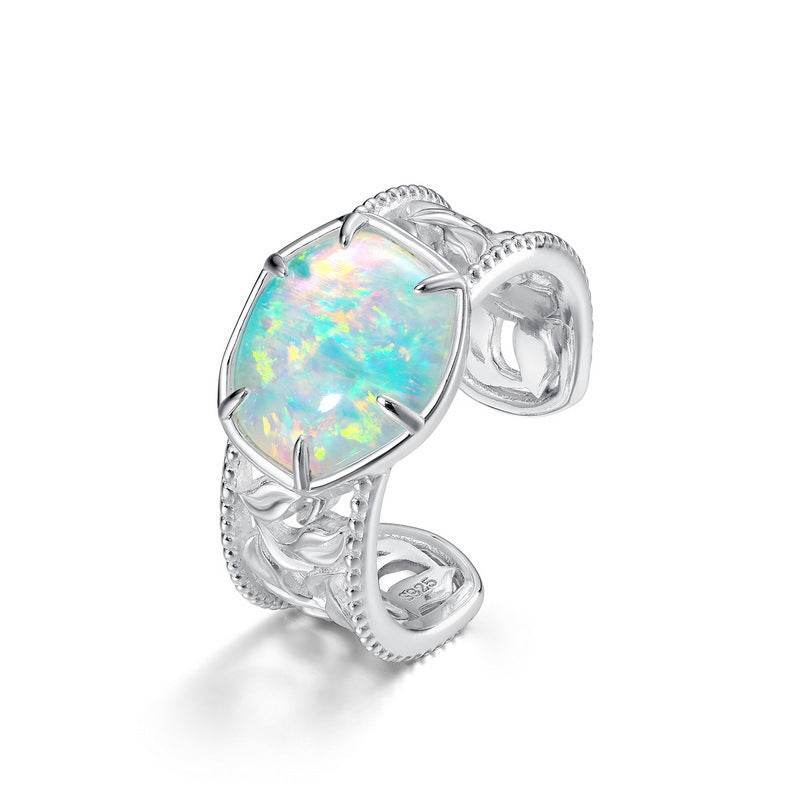 Minimalist Geometric Opal Ring – S925 Sterling Silver Adjustable Open Ring for Women - MOWTE