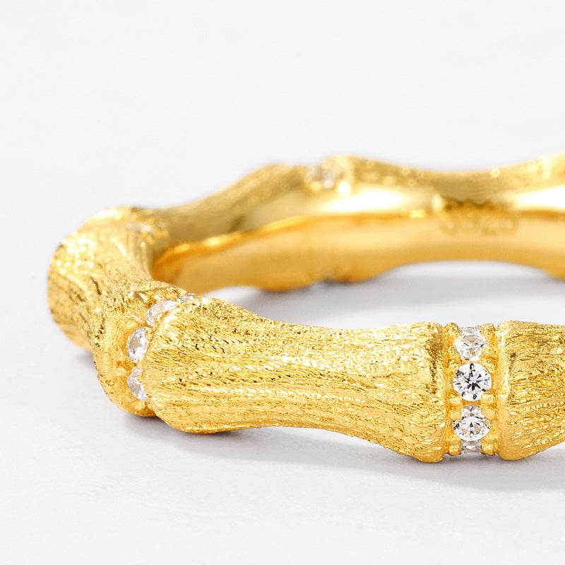 Minimalist Brushed Bamboo-Joint Diamond Ring Light Luxury S925 Silver with Diamond Accents Niche Design Symbolizing Continuous Growth - MOWTE