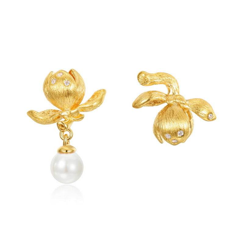 Vintage Hand-Brushed Floral Earrings – S925 Gold-Plated Silver with Pearl Accents Light Luxury Customizable Jewelry - MOWTE