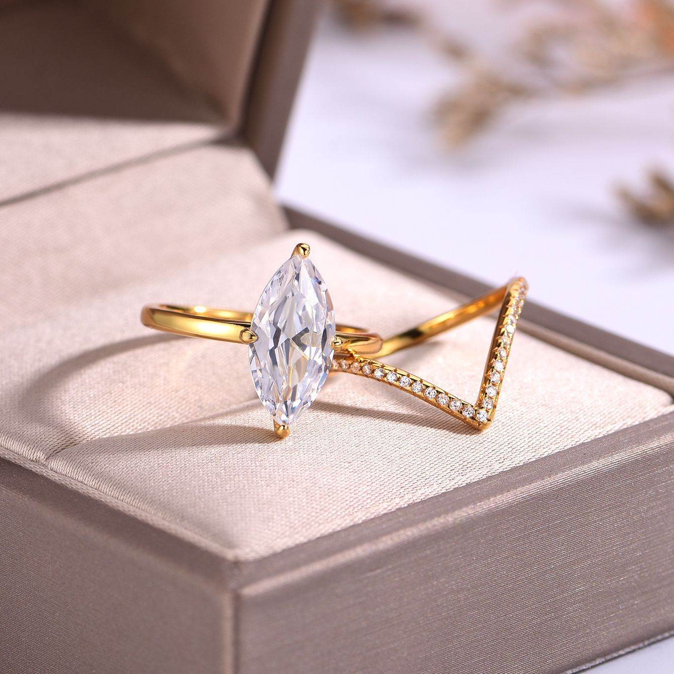 S925 Silver Two-Piece Set Moissanite Ring with 3ct Marquise Cut Center Stone Exquisite Stacking engagement - MOWTE