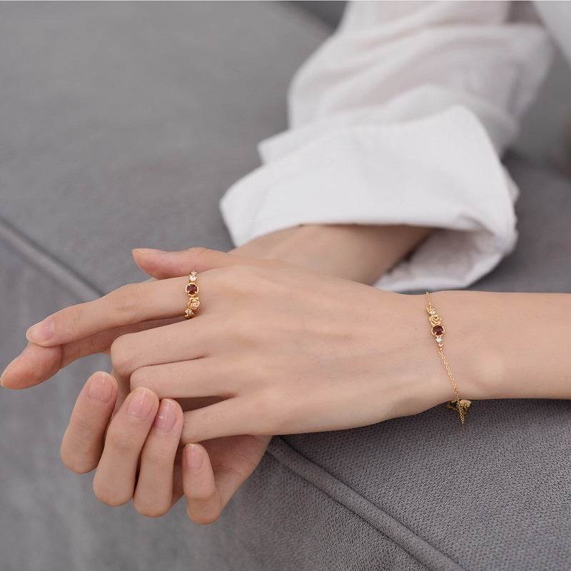Light Luxury Natural Garnet 925 Silver Plated 9K Gold Floral Color Bracelet - MOWTE