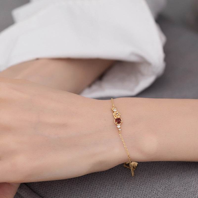 Light Luxury Natural Garnet 925 Silver Plated 9K Gold Floral Color Bracelet - MOWTE
