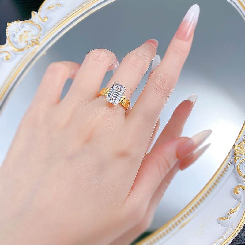 2025 New Style S925 Gold-Plated Silver 8*12 Rectangular Pagoda High Carbon Diamond Ring - MOWTE