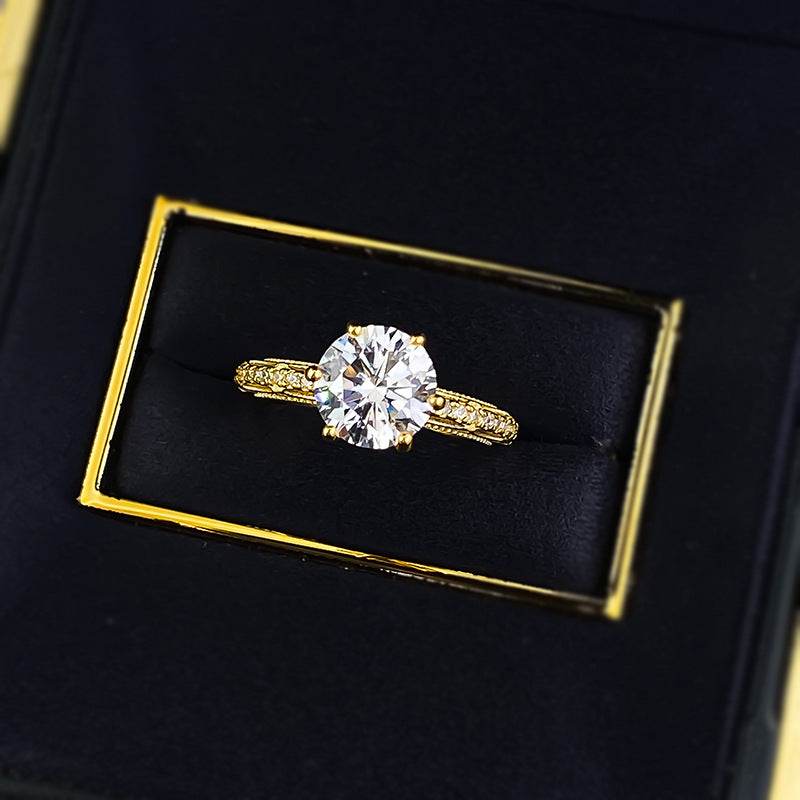 2025 New Style S925 Gold-Plated Silver 8*8 Round Cut High Carbon Diamond Ring - MOWTE