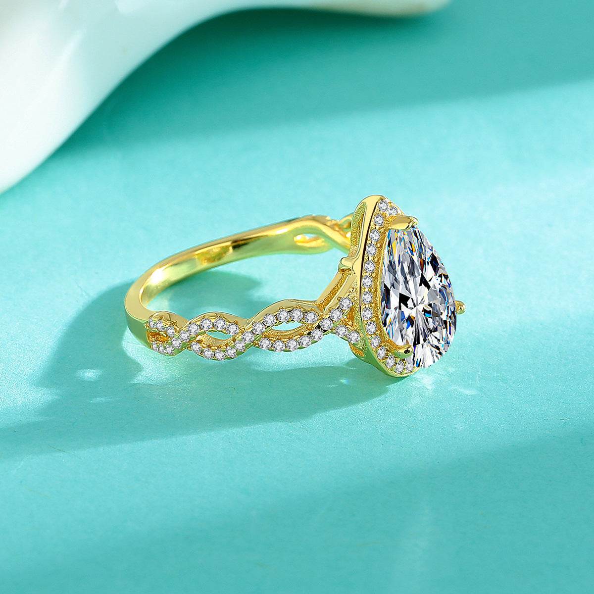Teardrop-Cut Moissanite Micro-Paved Engagement Ring – Plated in 18K Real Gold - MOWTE