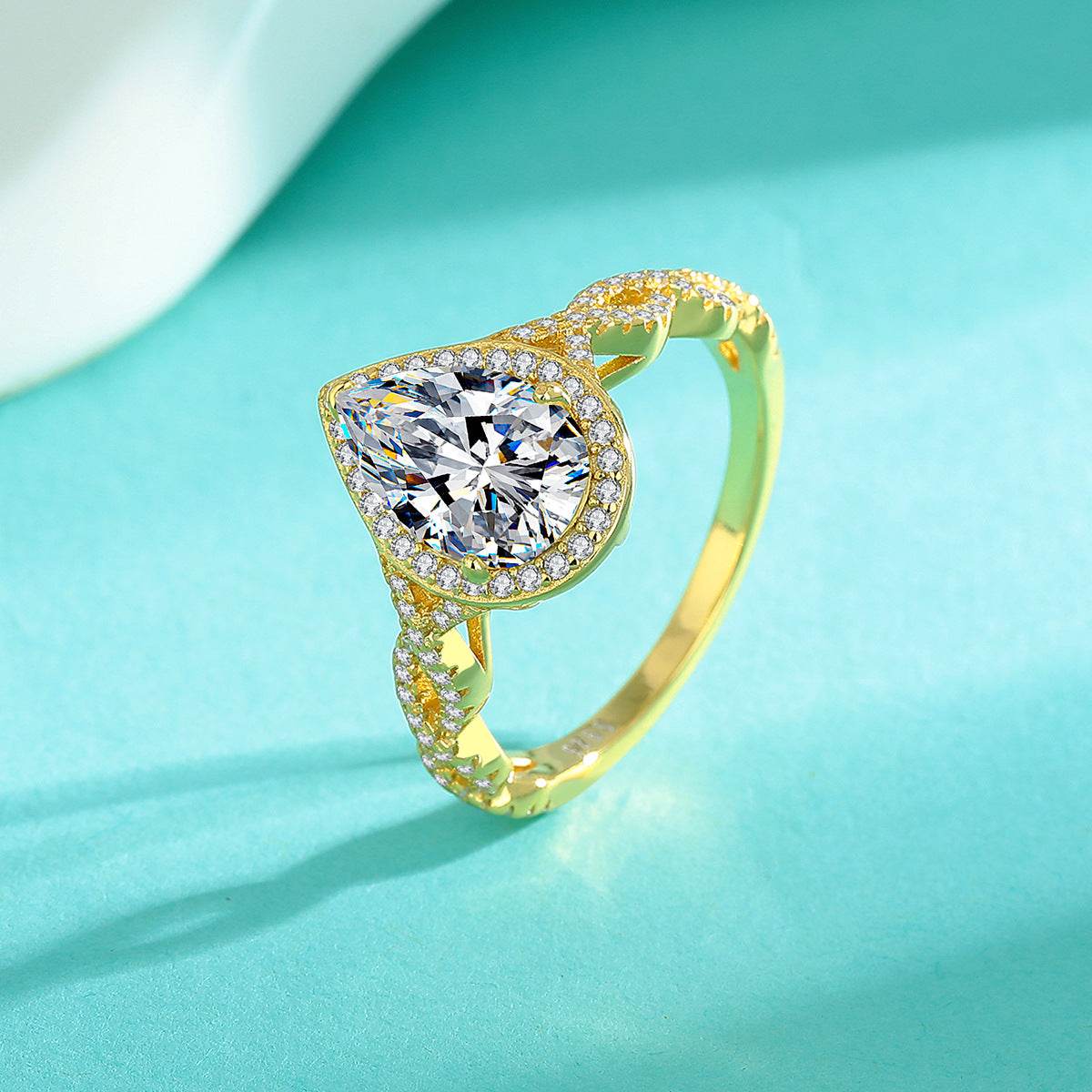 Teardrop-Cut Moissanite Micro-Paved Engagement Ring – Plated in 18K Real Gold - MOWTE