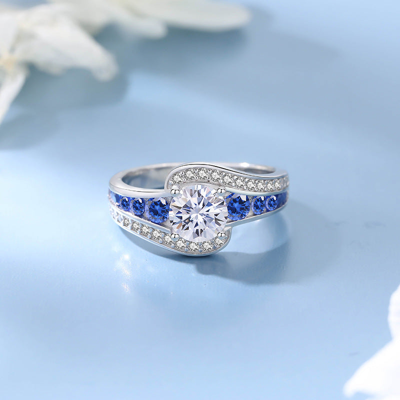 Blue Enchantress Moissanite Ring for Women S925 Sterling Silver Light Luxury Band