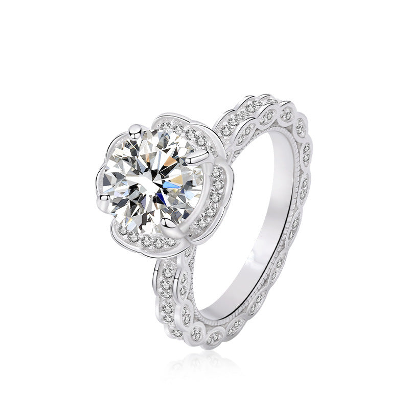 S925 Sterling Silver Sunflower Moissanite Ring for Women 3-Carat Light Luxury Band