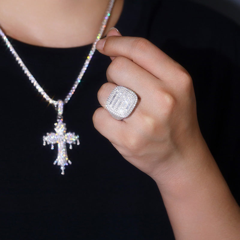 Luxury Micro-Paved Full Diamond 925 Sterling Silver Moissanite High-End Ring