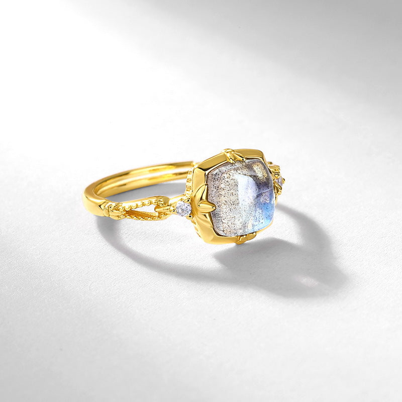 Elegant Geometric Square Labradorite Ring with S925 Sterling Silver Plated in Gold