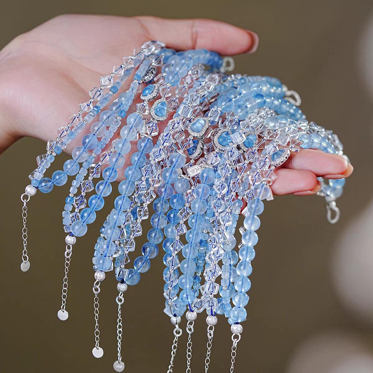 Aquamarine Clear Quartz Stackable Bracelet Flatlay