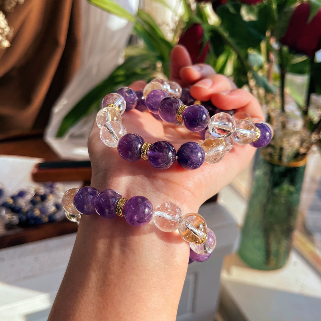 12mm natural large particle amethyst and white crystal bracelet
