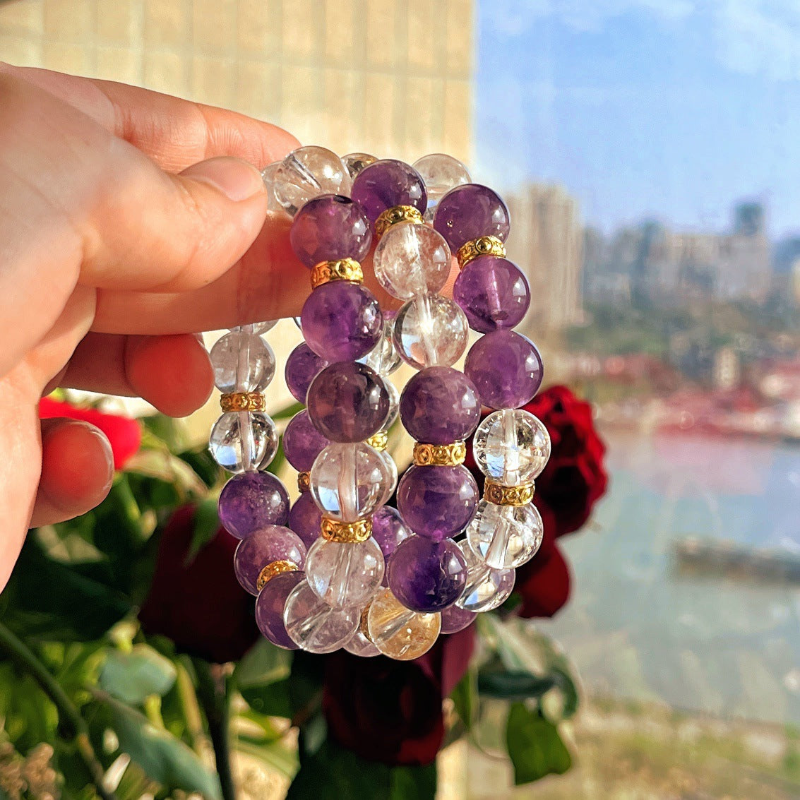 12mm natural large particle amethyst and white crystal bracelet