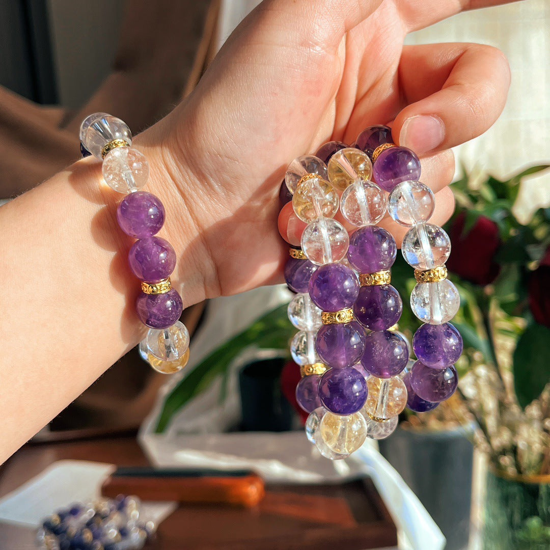 12mm natural large particle amethyst and white crystal bracelet