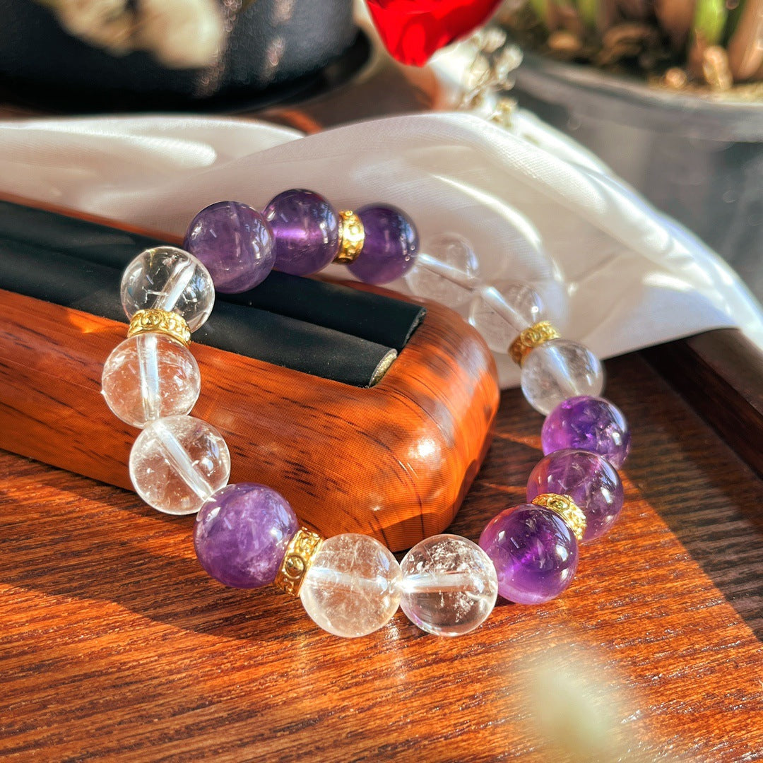 12mm natural large particle amethyst and white crystal bracelet