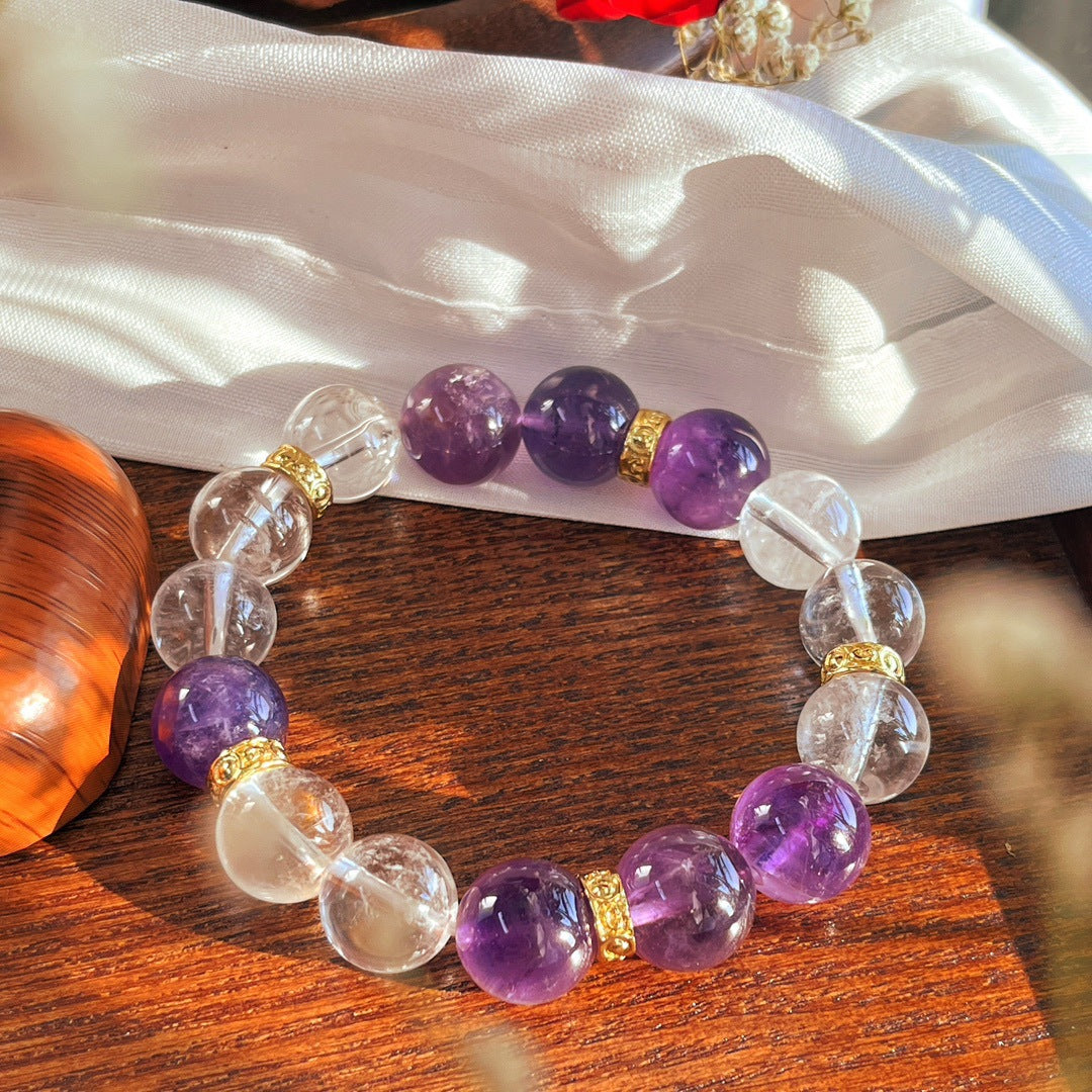 12mm natural large particle amethyst and white crystal bracelet