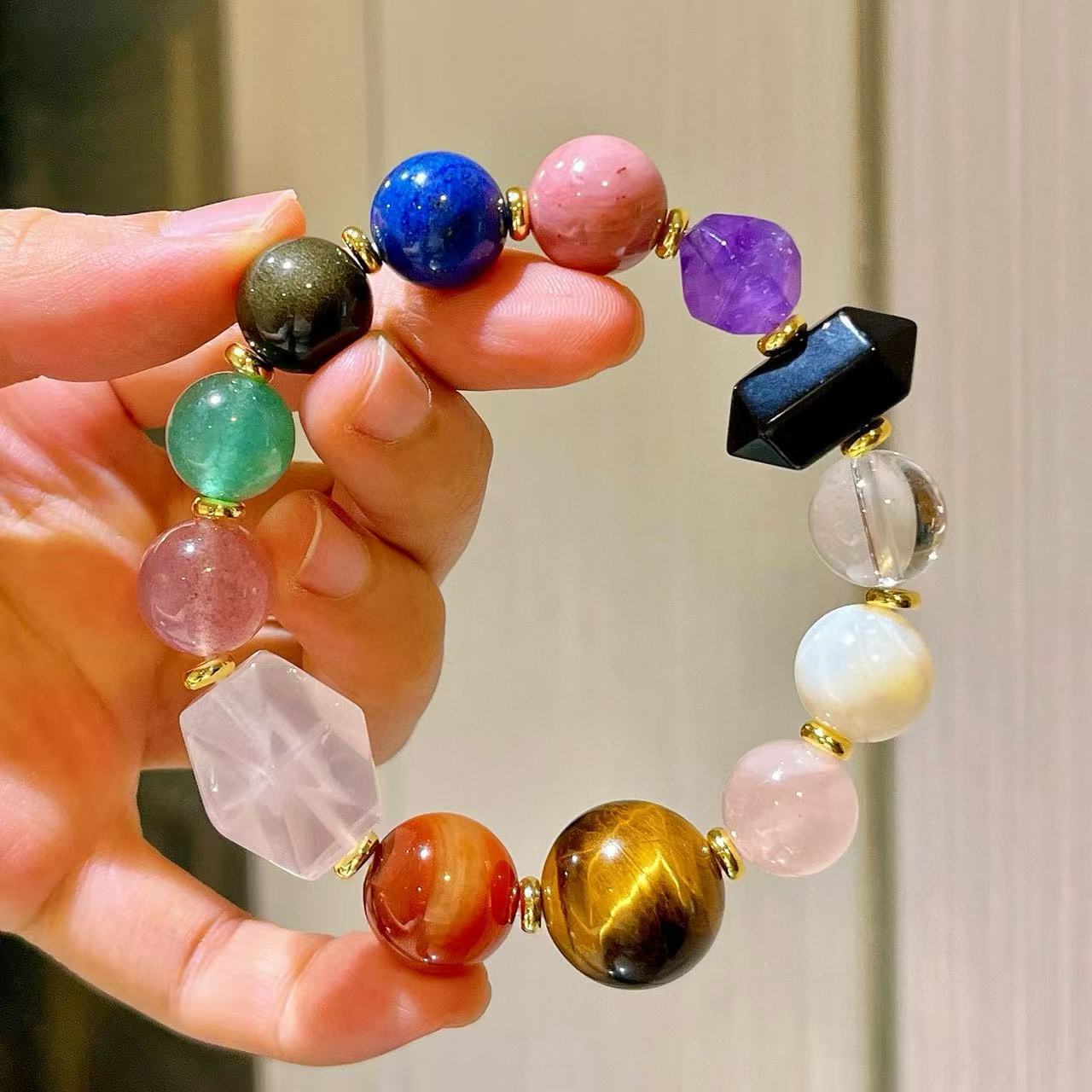 12-14mm Natural Yellow Crystal Purple Crystal Tiger Eye Stone Tianhe Stone Powder Crystal Lapis lazuli Obsidian Multi Gemstone Bracelet