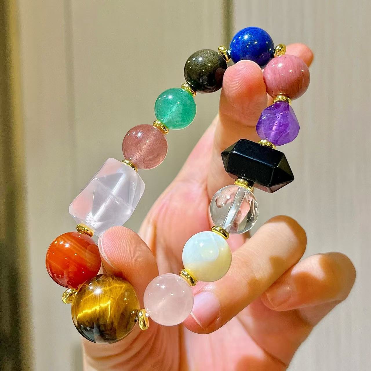 12-14mm Natural Yellow Crystal Purple Crystal Tiger Eye Stone Tianhe Stone Powder Crystal Lapis lazuli Obsidian Multi Gemstone Bracelet