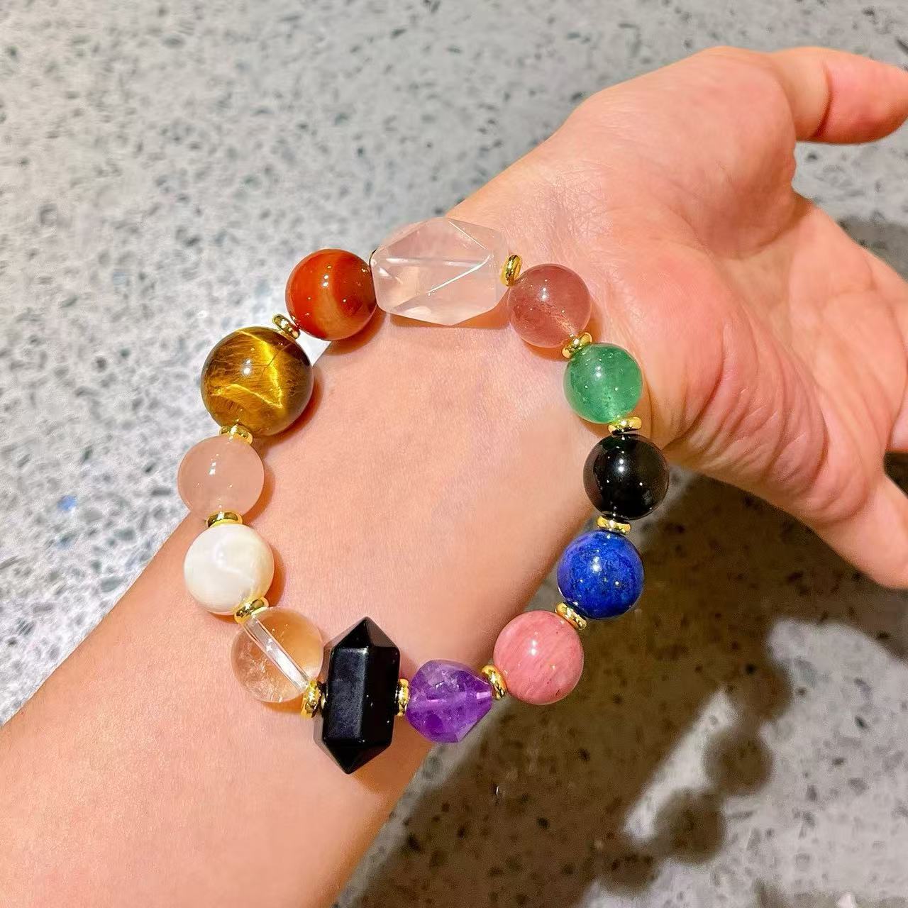 12-14mm Natural Yellow Crystal Purple Crystal Tiger Eye Stone Tianhe Stone Powder Crystal Lapis lazuli Obsidian Multi Gemstone Bracelet