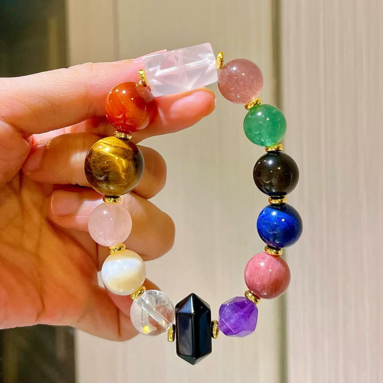 12-14mm Natural Yellow Crystal Purple Crystal Tiger Eye Stone Tianhe Stone Powder Crystal Lapis lazuli Obsidian Multi Gemstone Bracelet