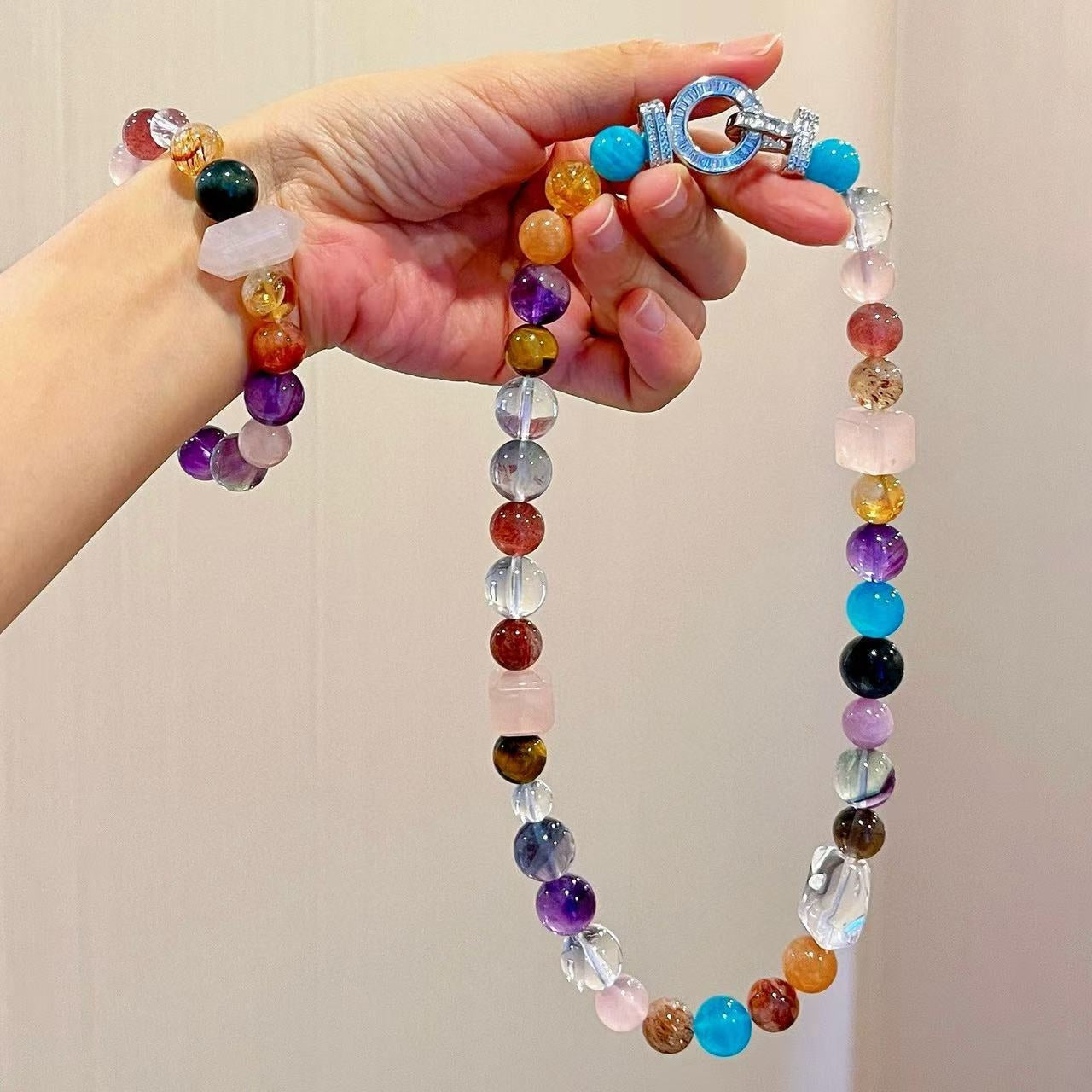 Natural White Crystal Amethyst Peacock Stone Tianhe Stone Black Gold Super Seven Treasure Bracelet Necklace Set