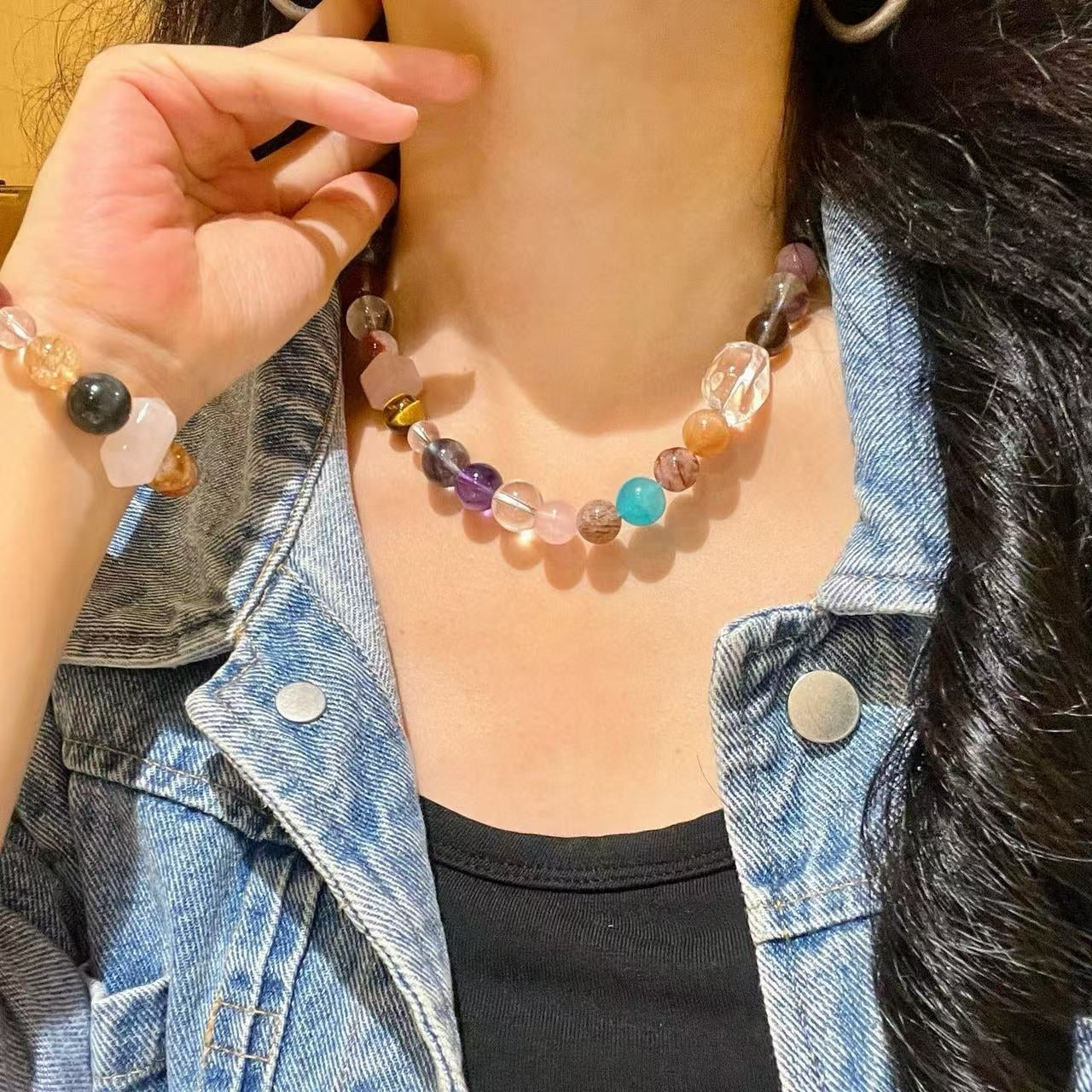 Natural White Crystal Amethyst Peacock Stone Tianhe Stone Black Gold Super Seven Treasure Bracelet Necklace Set