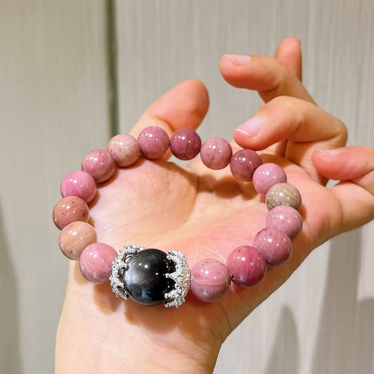 10m natural red wood grain silver obsidian design bracelet