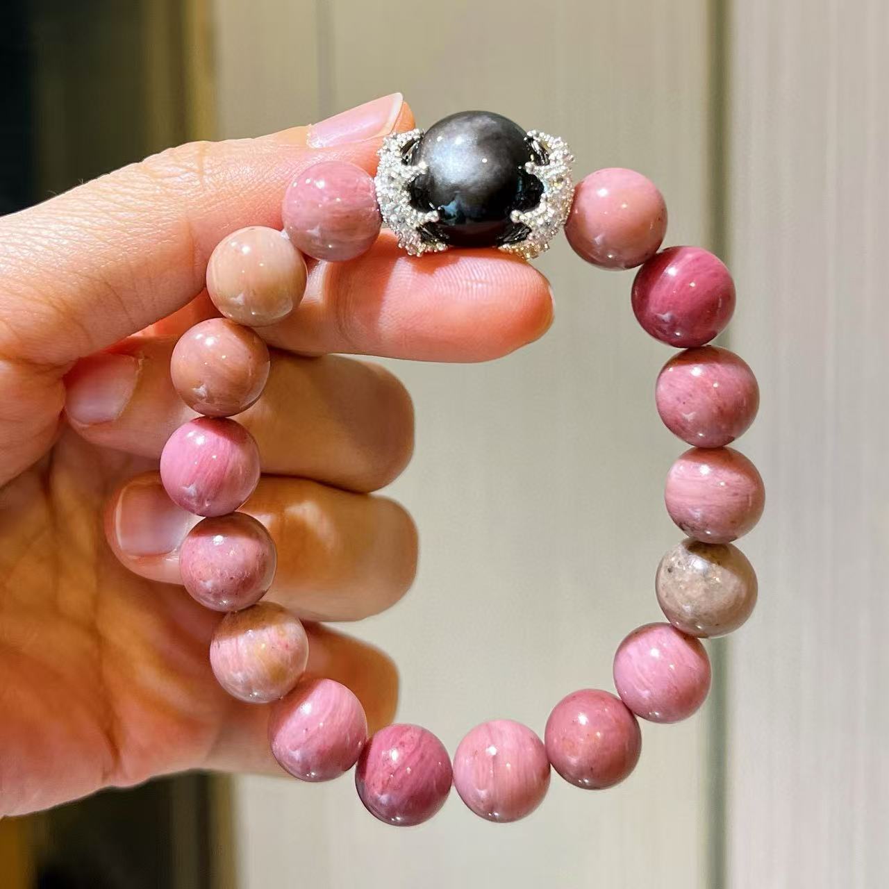 10m natural red wood grain silver obsidian design bracelet