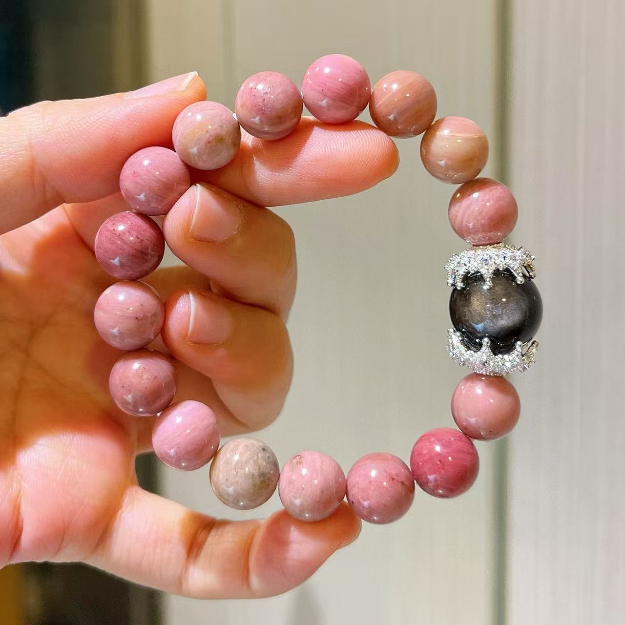 10m natural red wood grain silver obsidian design bracelet