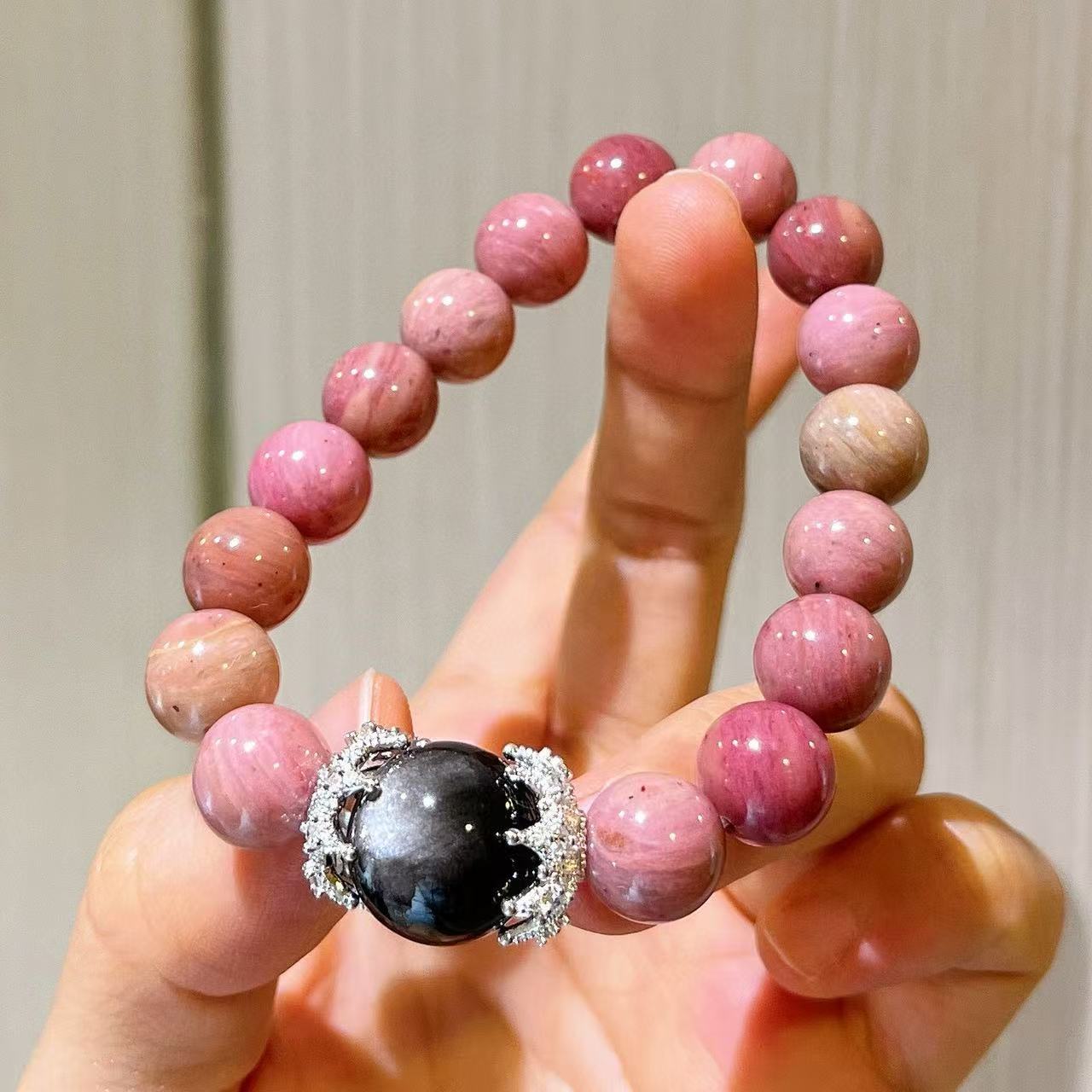 10m natural red wood grain silver obsidian design bracelet