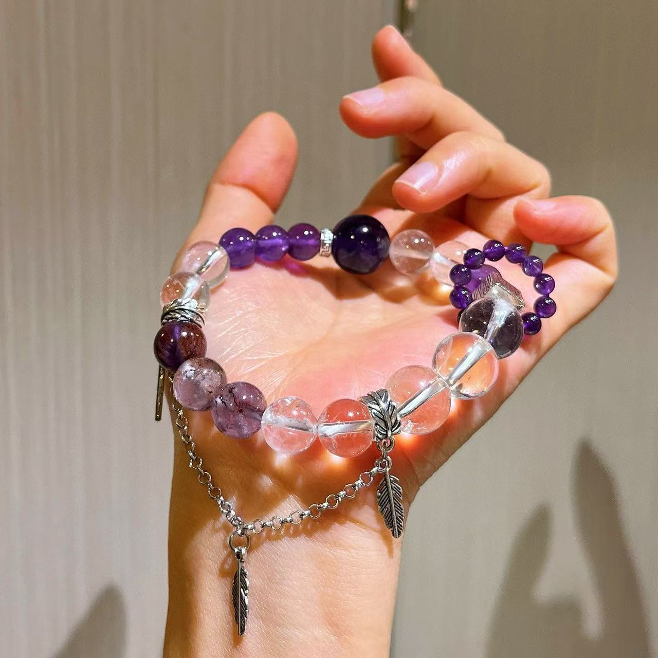 Natural Amethyst Purple Phantom Quartz White Quartz Fringe Bracelet