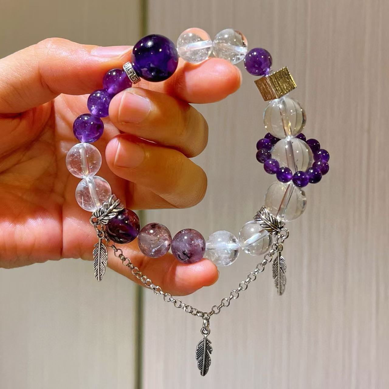 Natural Amethyst Purple Phantom Quartz White Quartz Fringe Bracelet