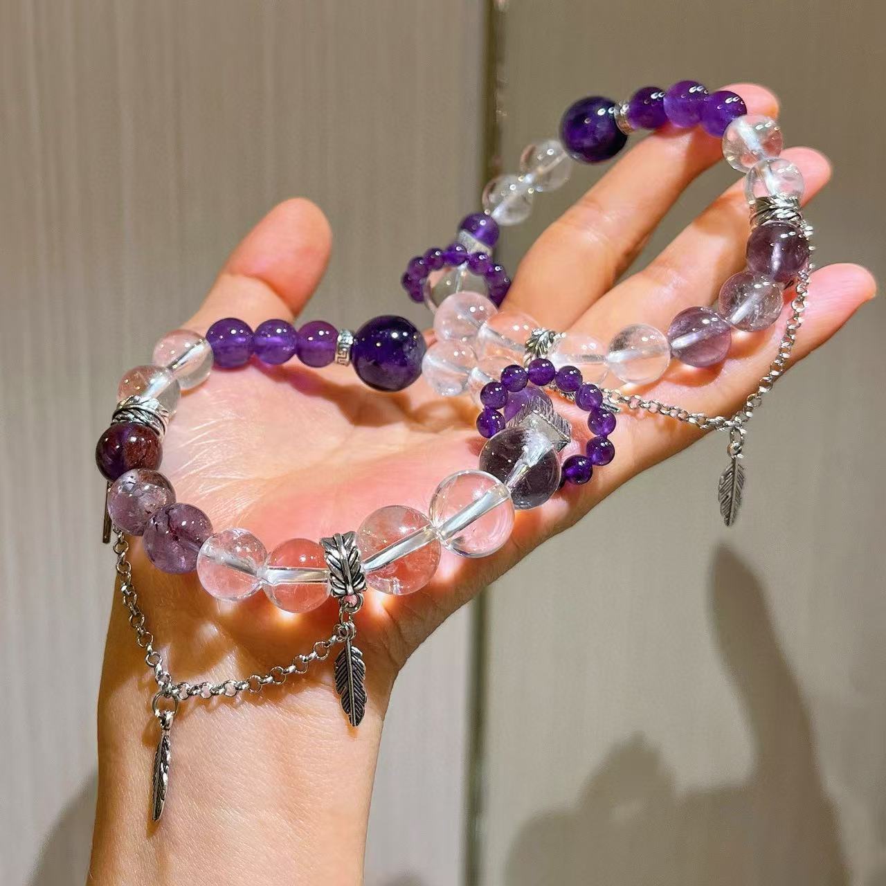 Natural Amethyst Purple Phantom Quartz White Quartz Fringe Bracelet