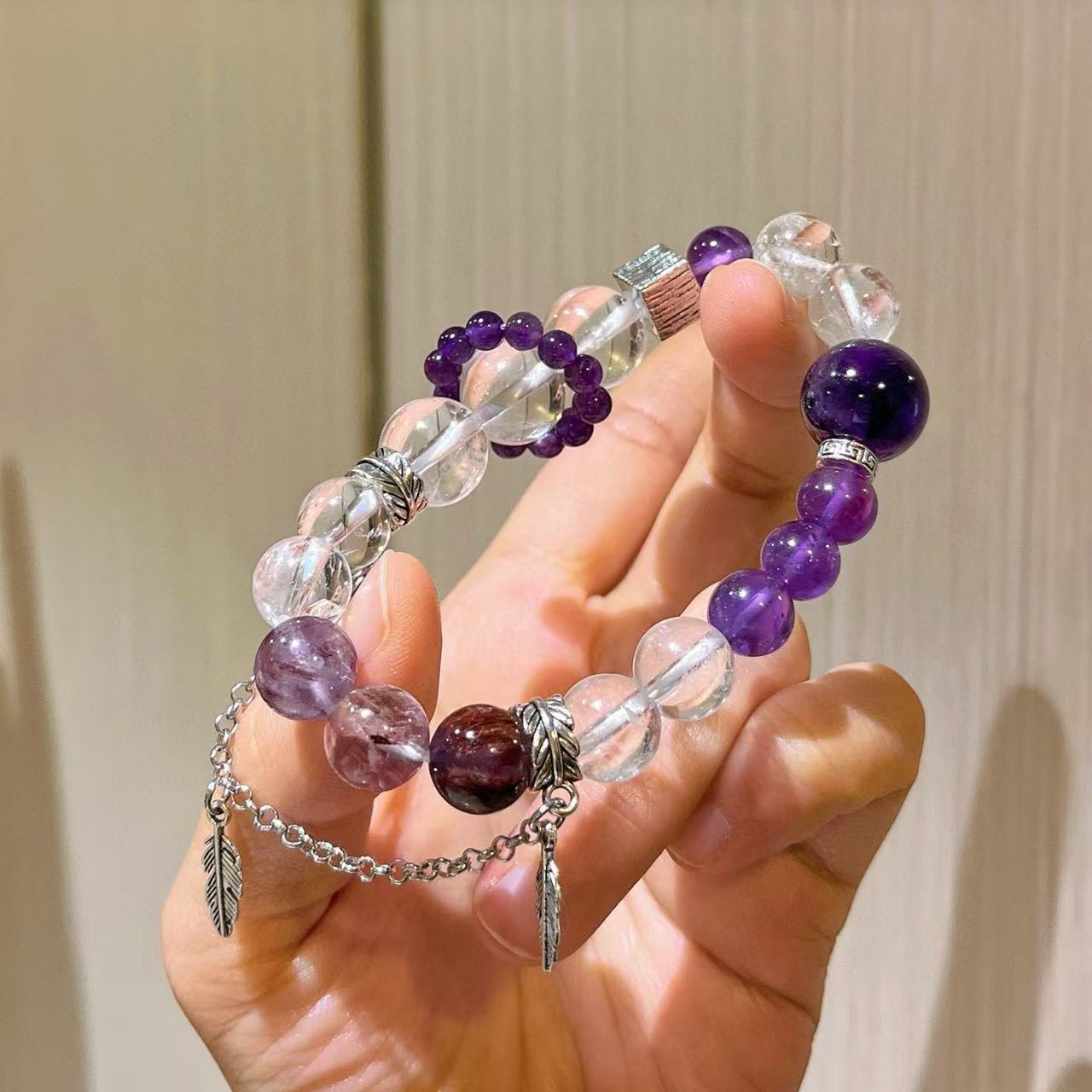 Natural Amethyst Purple Phantom Quartz White Quartz Fringe Bracelet