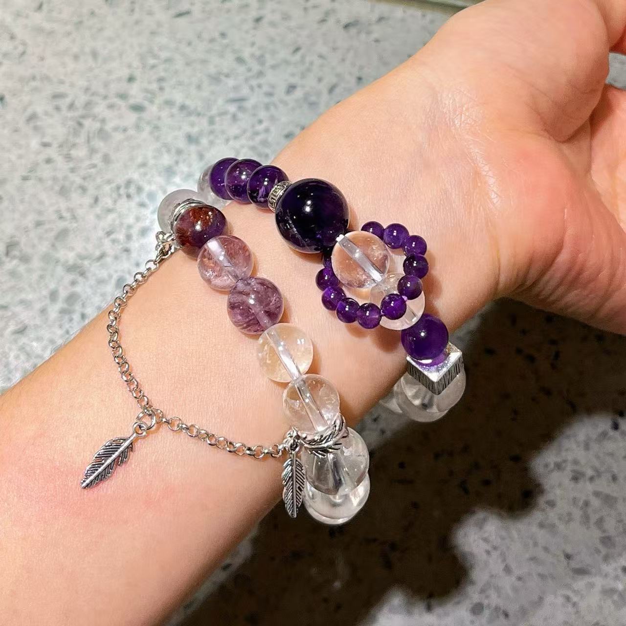 Natural Amethyst Purple Phantom Quartz White Quartz Fringe Bracelet